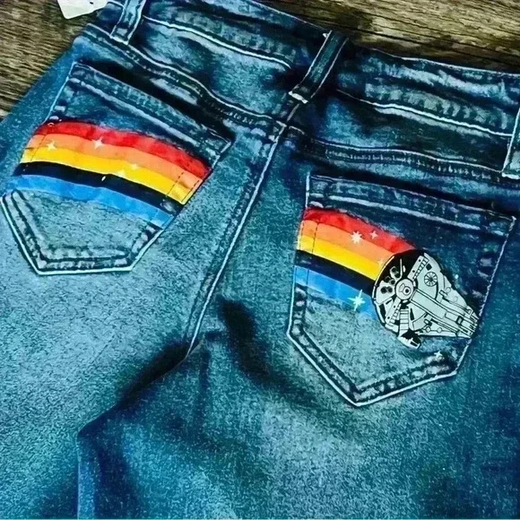 Star Wars Her Universe Flare Bell Bottom Jeans Womens Size 0 New Rainbow Falcon - Picture 1 of 6